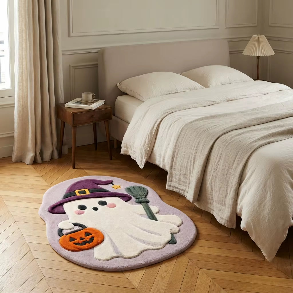 Modern Machine Made Animal Print Polyester Faux Velvet Shaped Halloween Ghost Witch Broom Area Rug for Bedroom CILIGA