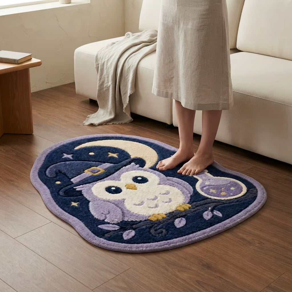 Magical Halloween Owl Witch Potion Moon Faux Velvet Shaped Area Rug for Bedroom CILIGA