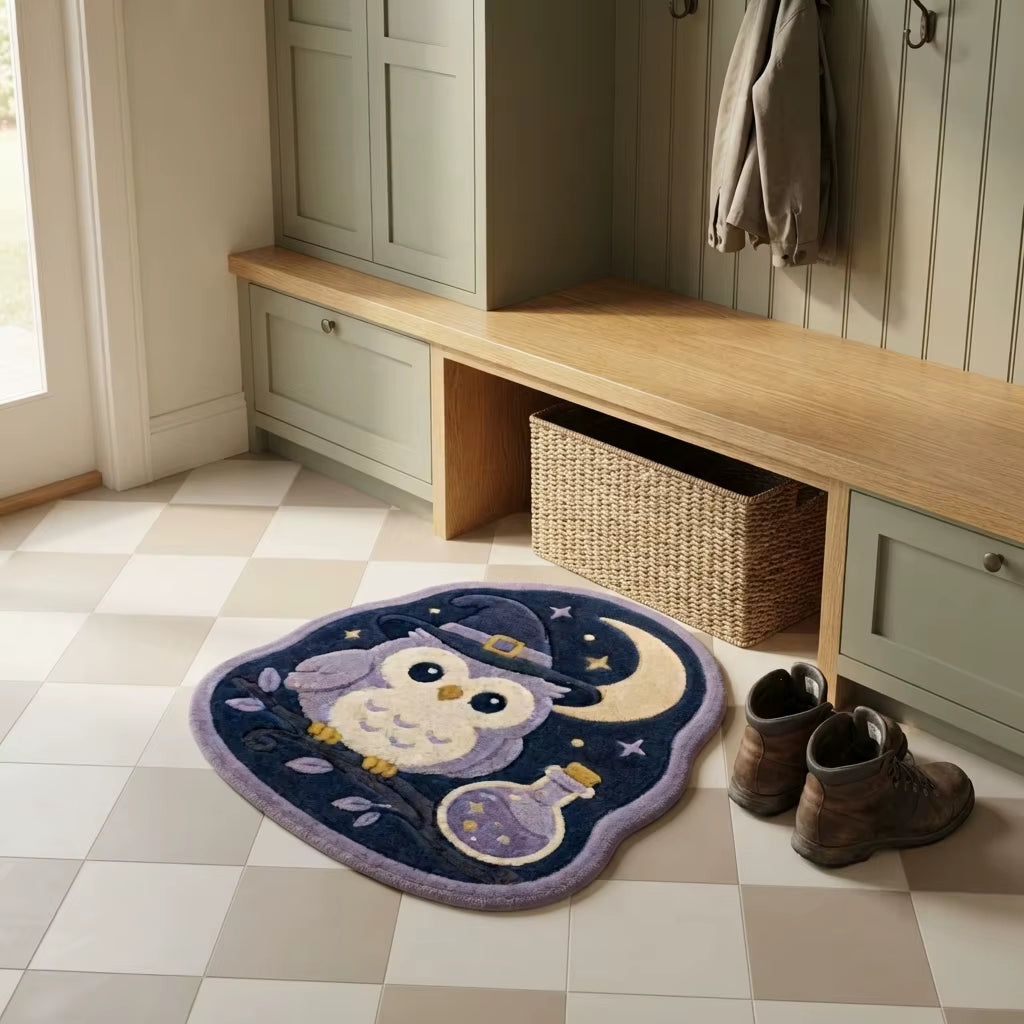 Magical Halloween Owl Witch Potion Moon Faux Velvet Shaped Area Rug for Bedroom CILIGA