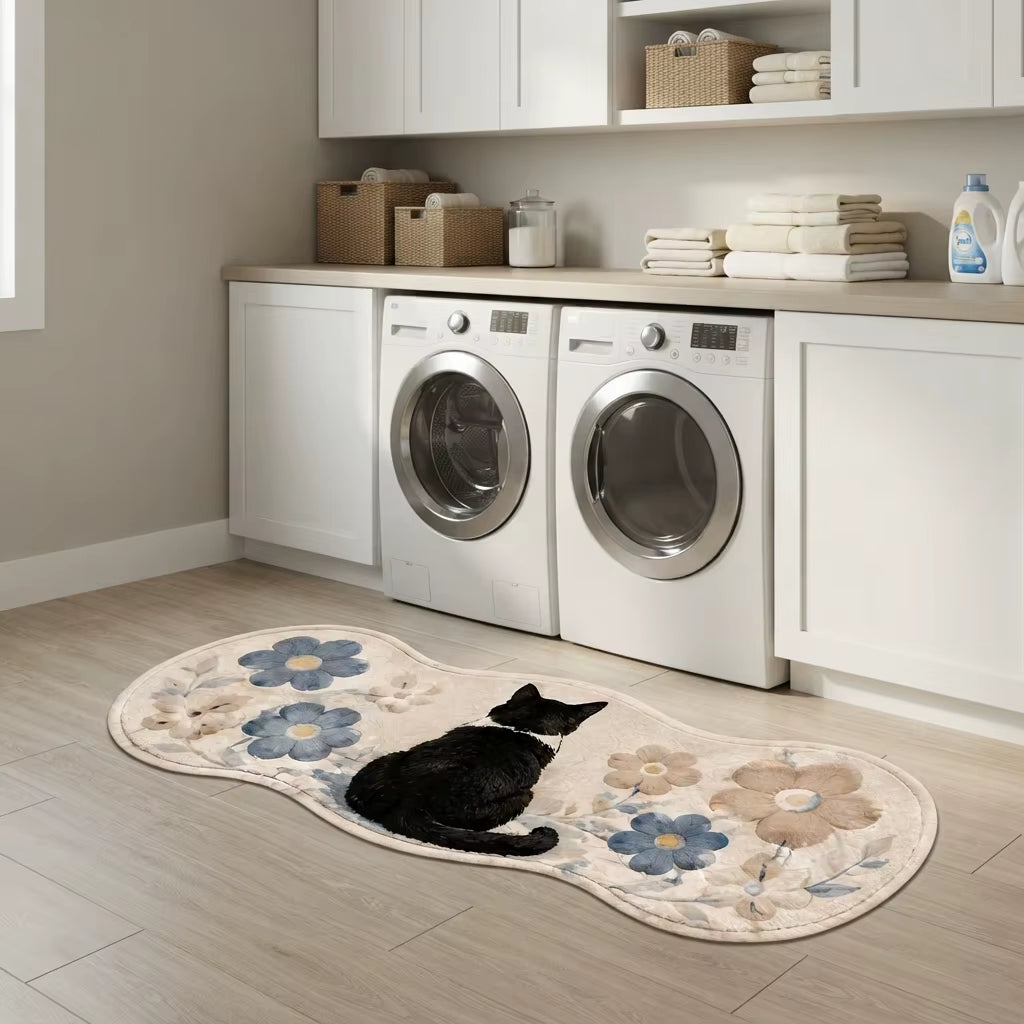Cute Black Cat Floral Area Rug for Cat Lover Home Kitchen Bedroom Decor CILIGA