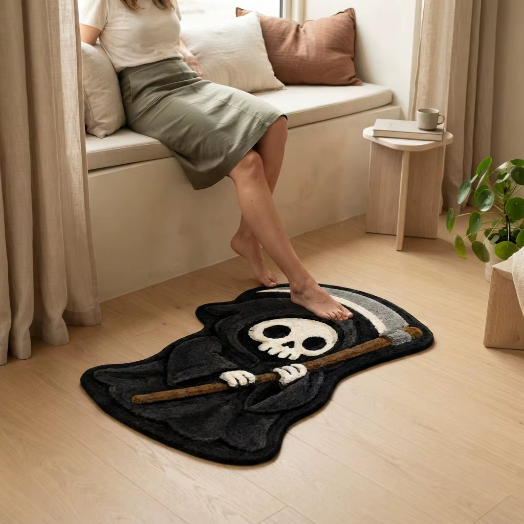 Halloween Grim Reaper Scythe Faux Velvet Anti-Slip Modern Washable Polyester Shaped Area Rug for Home