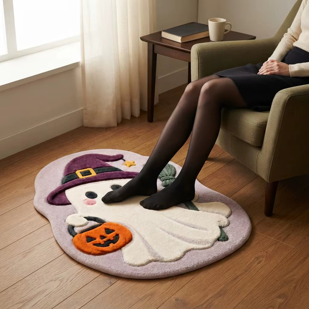 Modern Machine Made Animal Print Polyester Faux Velvet Shaped Halloween Ghost Witch Broom Area Rug for Bedroom CILIGA