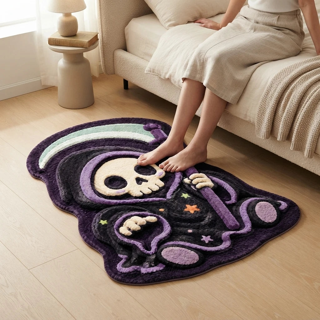 Modern Machine Made Animal Print Polyester Halloween Grim Reaper Skeleton Cloak Faux Velvet Shaped Area Rug for Spooky Decor CILIGA