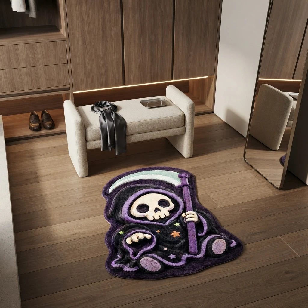Modern Machine Made Animal Print Polyester Halloween Grim Reaper Skeleton Cloak Faux Velvet Shaped Area Rug for Spooky Decor CILIGA