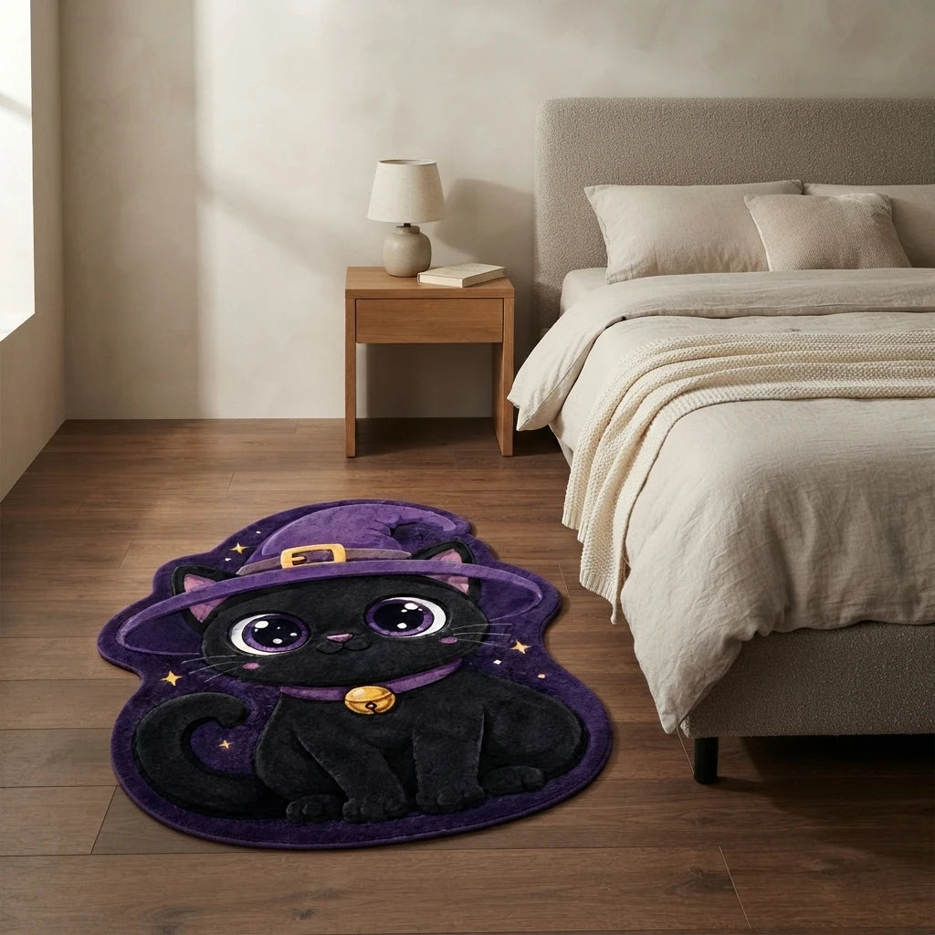Halloween Cute Black Cat Witch Hat Modern Anti-Slip Washable Polyester Faux Velvet Shaped Area Rug for Bedroom CILIGA