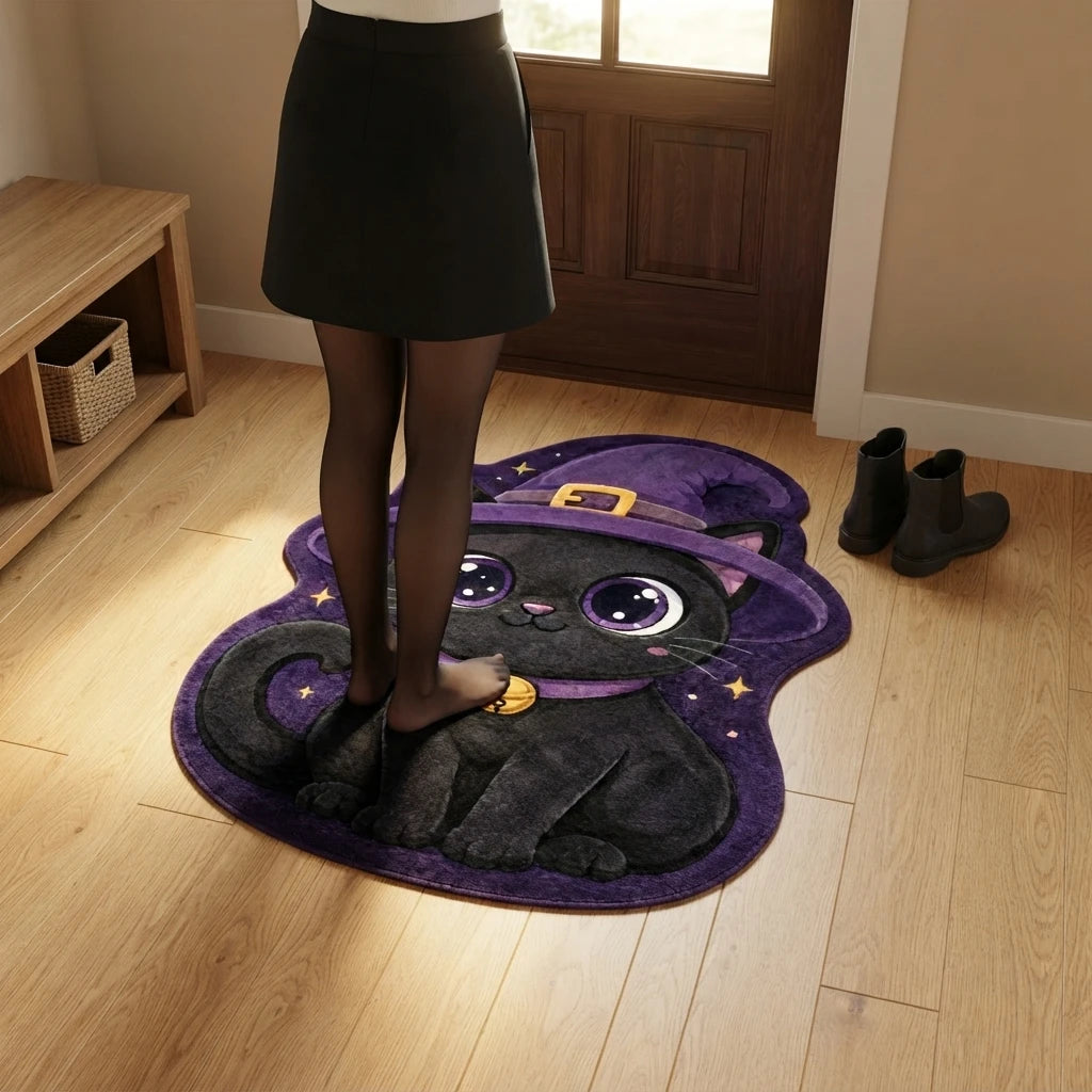 Halloween Cute Black Cat Witch Hat Modern Anti-Slip Washable Polyester Faux Velvet Shaped Area Rug for Bedroom CILIGA