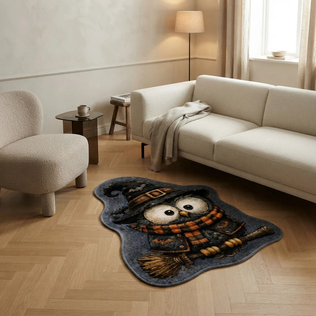 Halloween Cute Owl Witch Hat Scarf Broomstick Faux Velvet Anti-Slip Washable Modern Polyester Shaped Area Rug for Bedroom CILIGA
