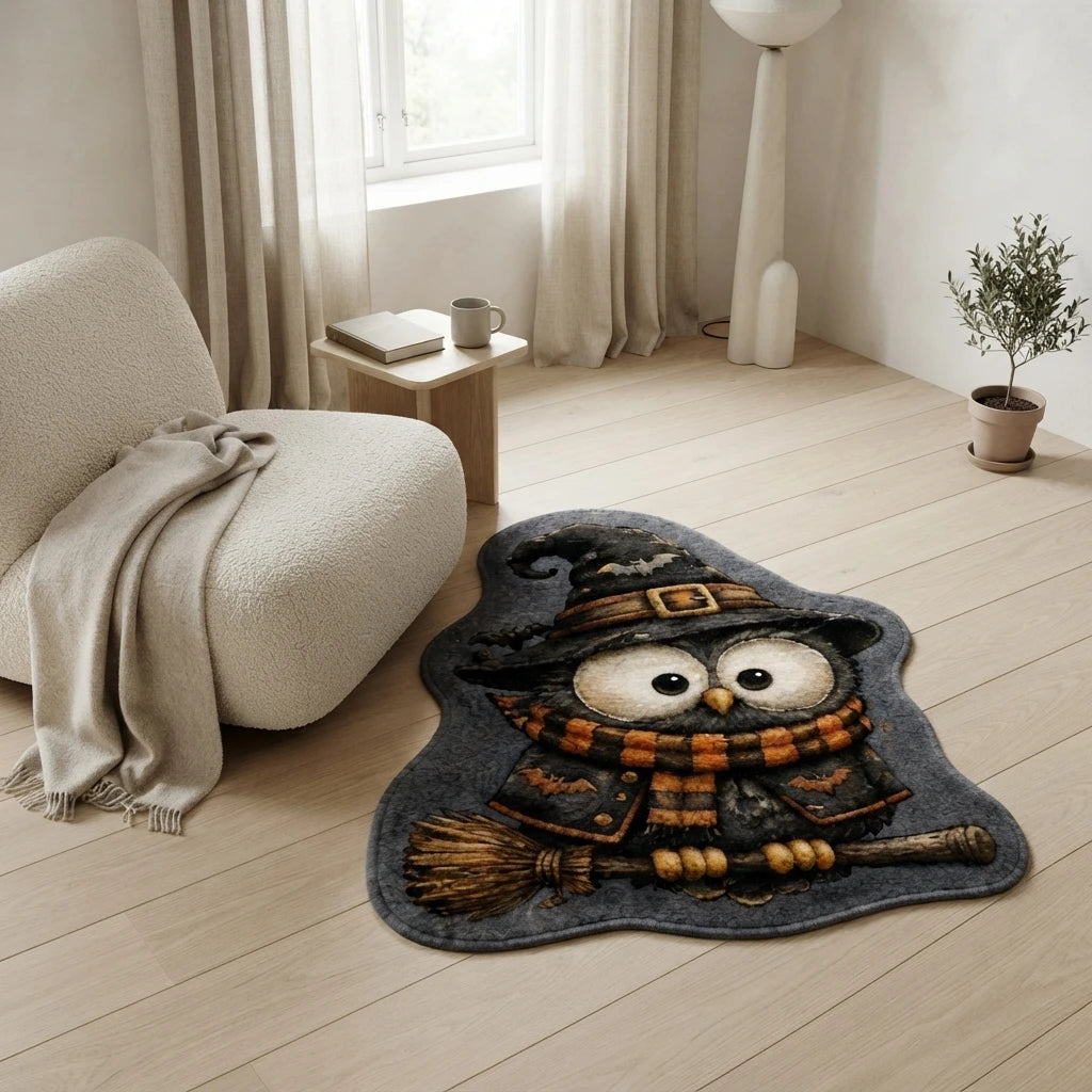Halloween Cute Owl Witch Hat Scarf Broomstick Faux Velvet Anti-Slip Washable Modern Polyester Shaped Area Rug for Bedroom CILIGA