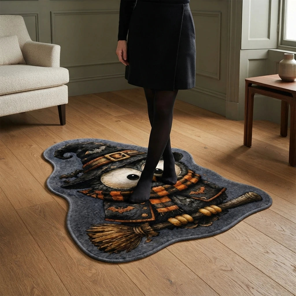 Halloween Cute Owl Witch Hat Scarf Broomstick Faux Velvet Anti-Slip Washable Modern Polyester Shaped Area Rug for Bedroom CILIGA