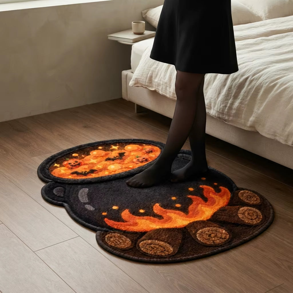 Modern Machine Made Animal Print Halloween Pumpkin Bat Cauldron Fire Faux Velvet Shaped Area Rug for Spooky Decor CILIGA
