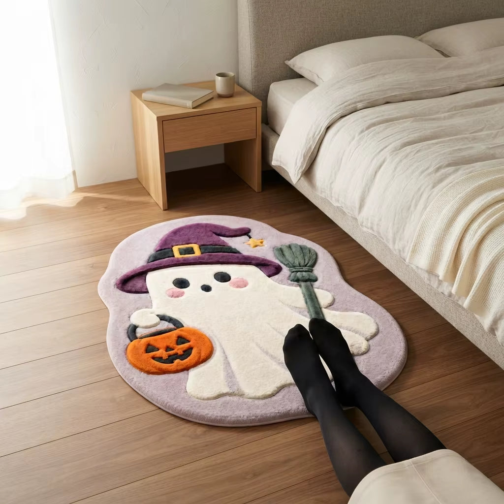 Modern Machine Made Animal Print Polyester Faux Velvet Shaped Halloween Ghost Witch Broom Area Rug for Bedroom CILIGA