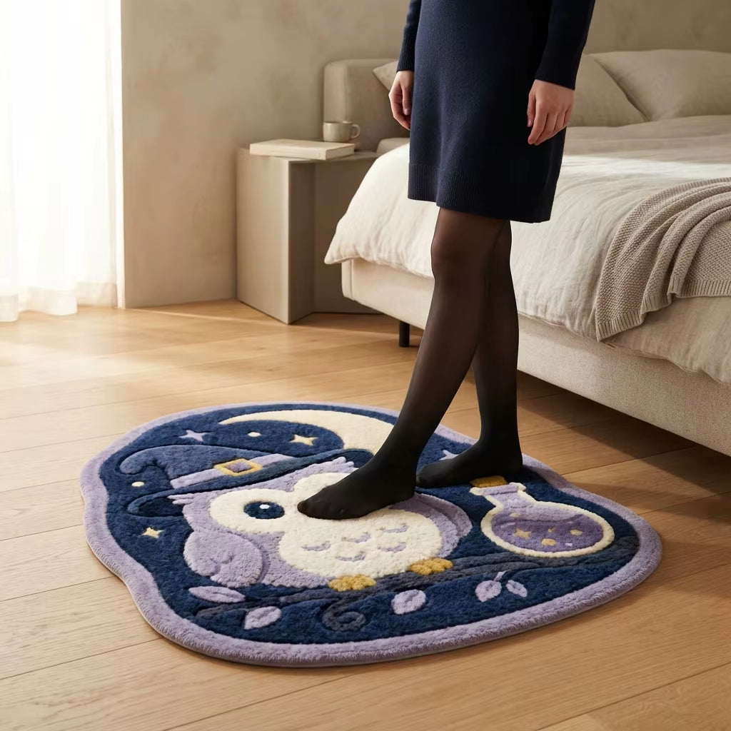 Magical Halloween Owl Witch Potion Moon Faux Velvet Shaped Area Rug for Bedroom CILIGA