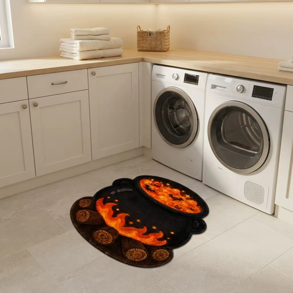 Modern Machine Made Animal Print Halloween Pumpkin Bat Cauldron Fire Faux Velvet Shaped Area Rug for Spooky Decor CILIGA